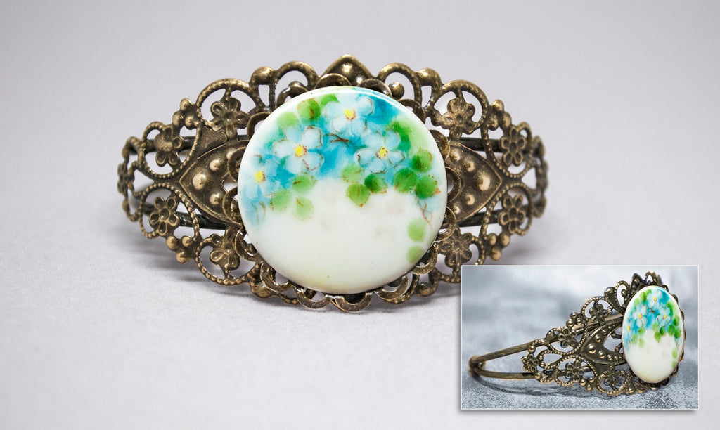 Blue Flowers Porcelain Button Cuff