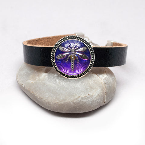 Leather Bracelet with Czech Blue-Violet Dragonfly Button - Silver