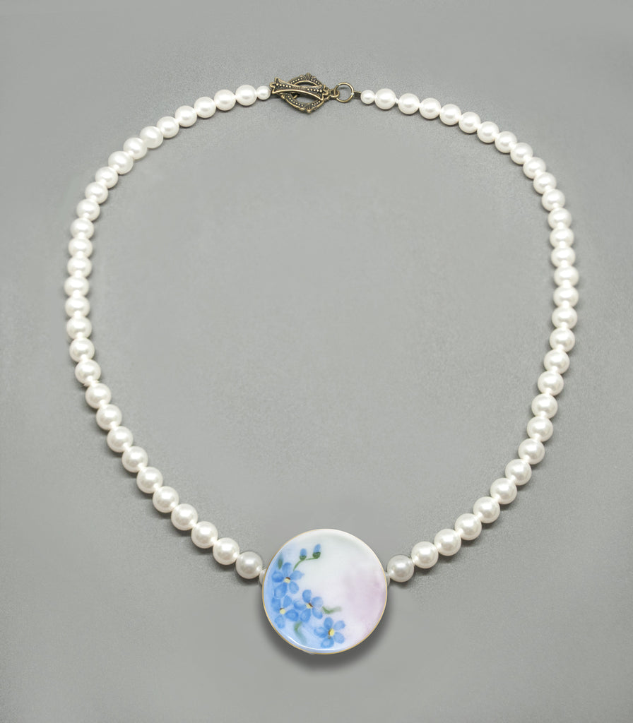 Pearl Choker - Forget-Me-Not Antique Porcelain Button