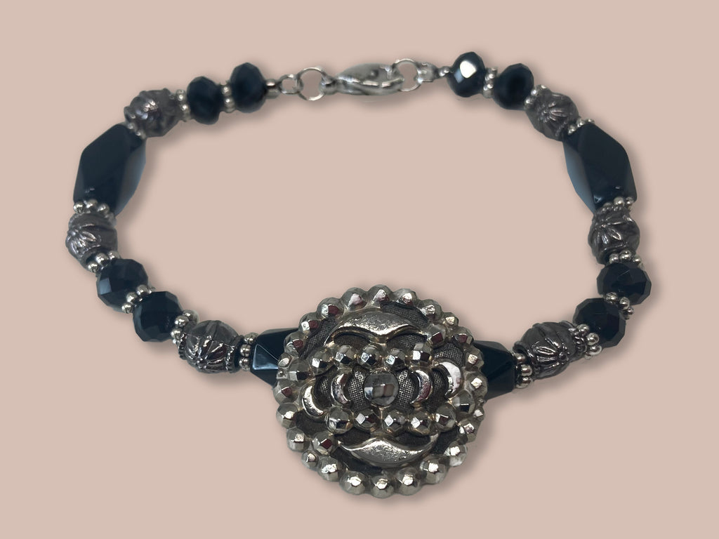 Vintage Steel Cut Button & Black Beads