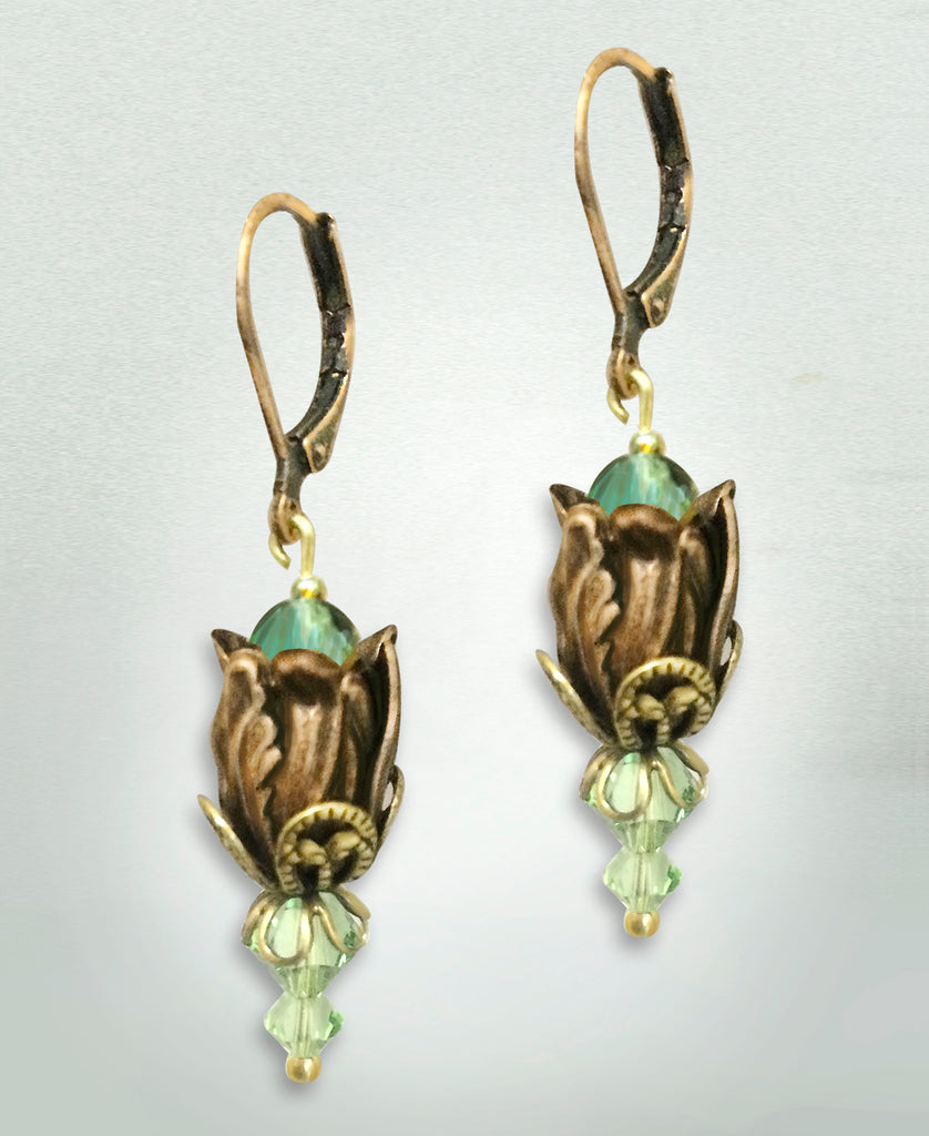 Antiqued Tulip Earrings - Bluegreen
