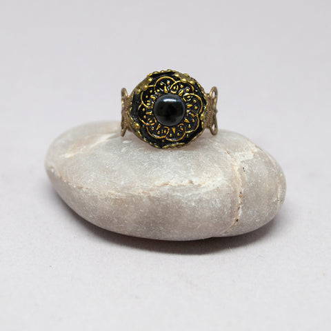 Czech Glass Black Bullseye Button Ring