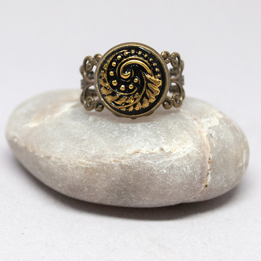 Czech Glass Black & Gold Button Ring