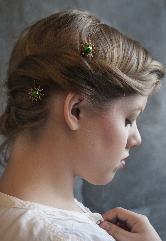 Emerald Glass Button Starburst Hairpins