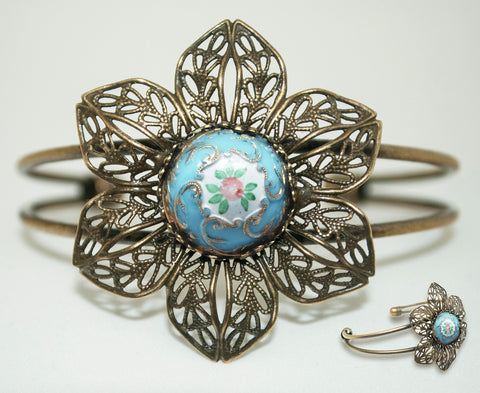 Hand Enameled Blue Flower Button Cuff