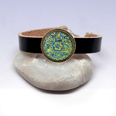 Leather Bracelet with Czech Iridescent Flower Button