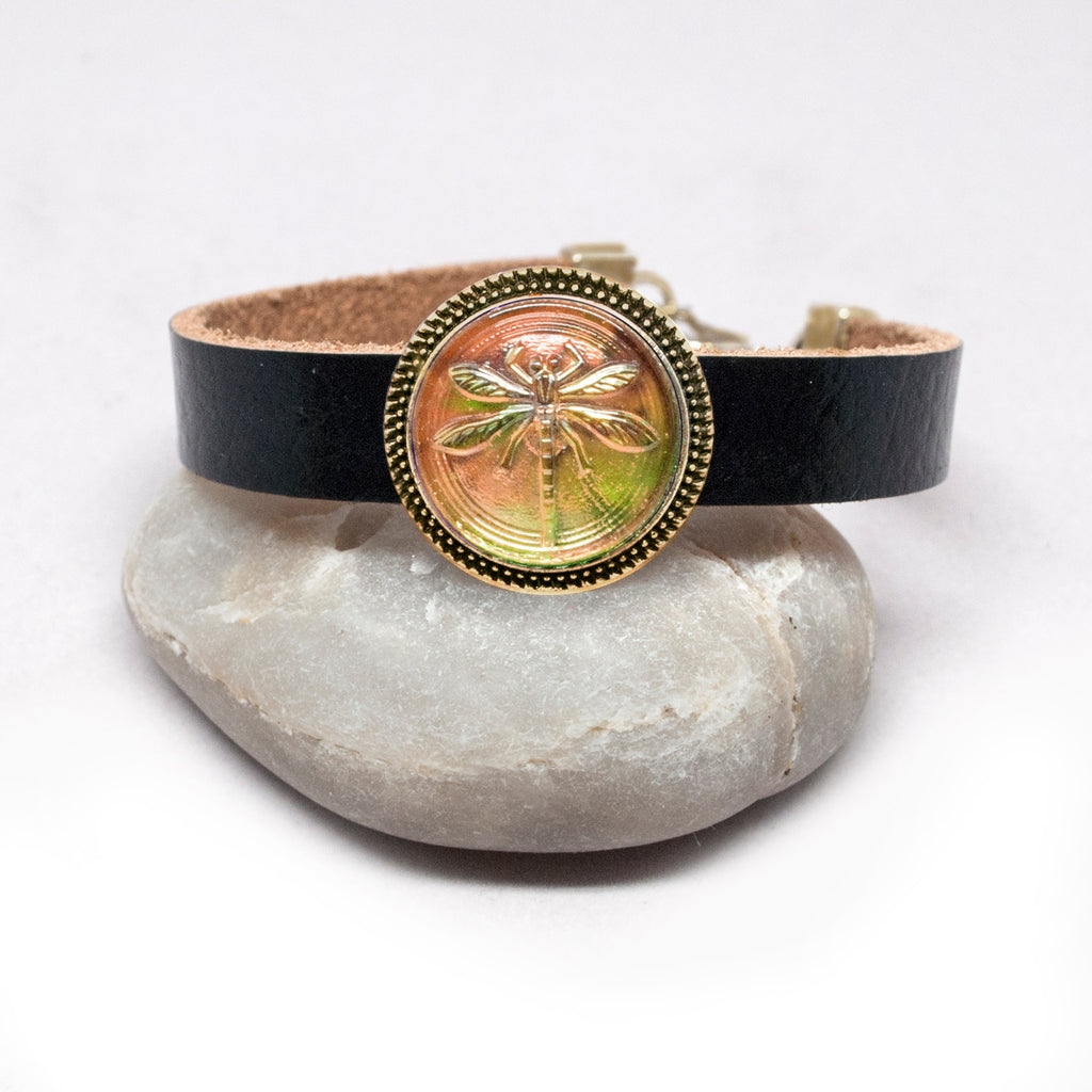 Leather Bracelet with Czech Peach-Green Dragonfly Button - Antiqued