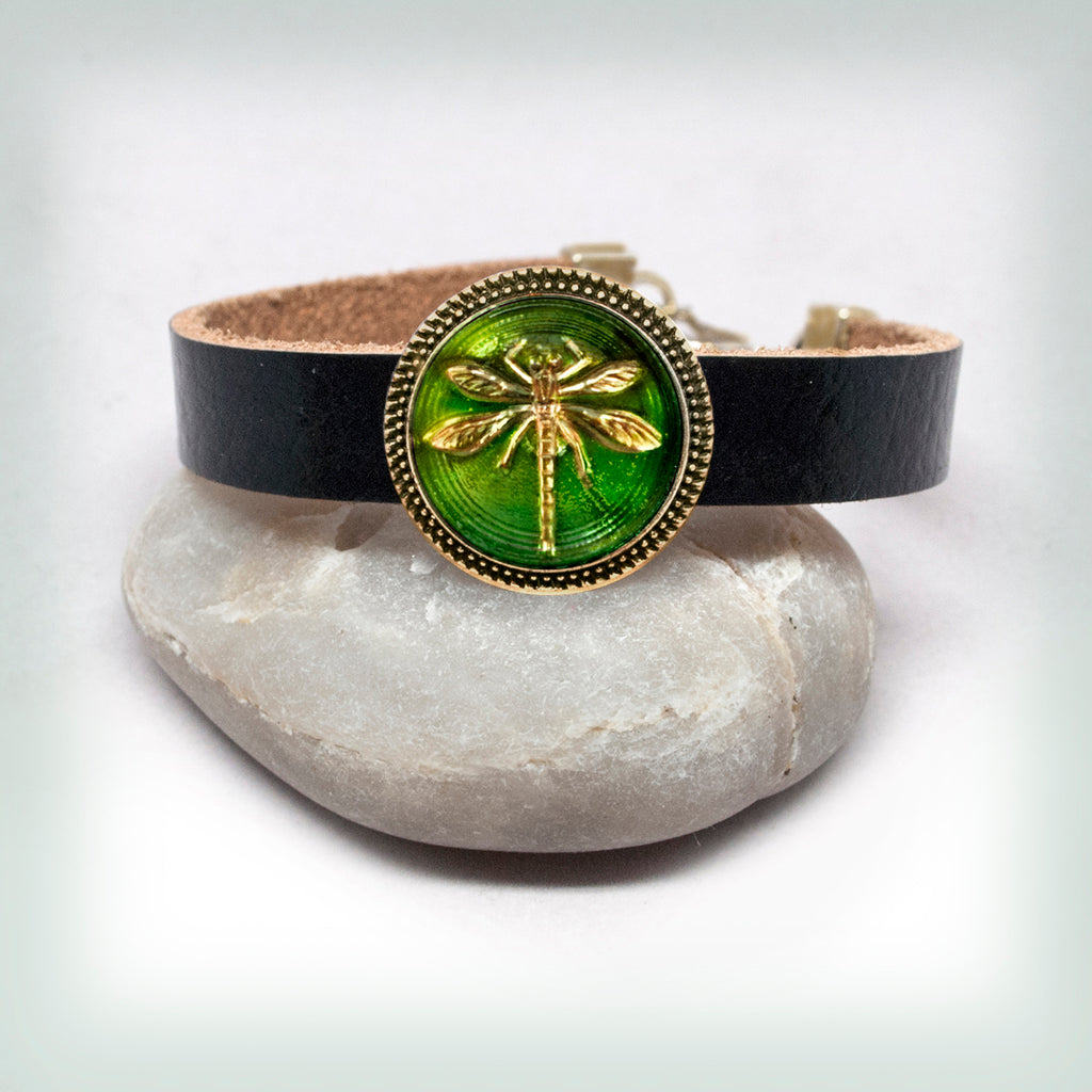 Leather Bracelet with Green Dragonfly