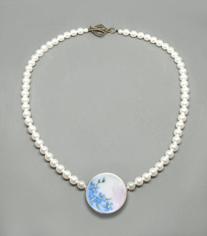Pearl Choker - Forget-Me-Not Antique Porcelain Button
