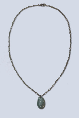 Green Mottled River Stone on Antiqued Chain