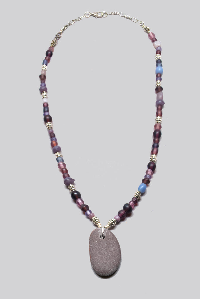 Rose Gray River Stone on Multi-hued Beaded Necklace